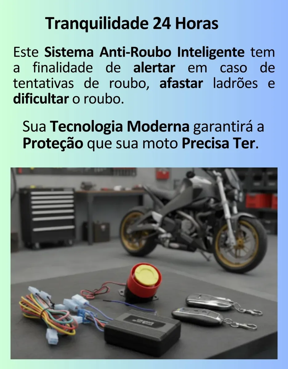 Detalhe sirene de 125dB e módulo do alarme antifurto moto MLB-011 com sensor de vibração ajustável
