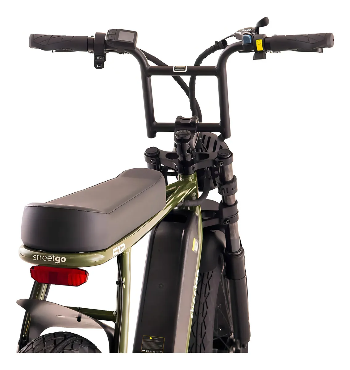 Oggi StreetGo S12 verde 2024 — vista completa com garfo Double Crown e bateria-tanque integrada