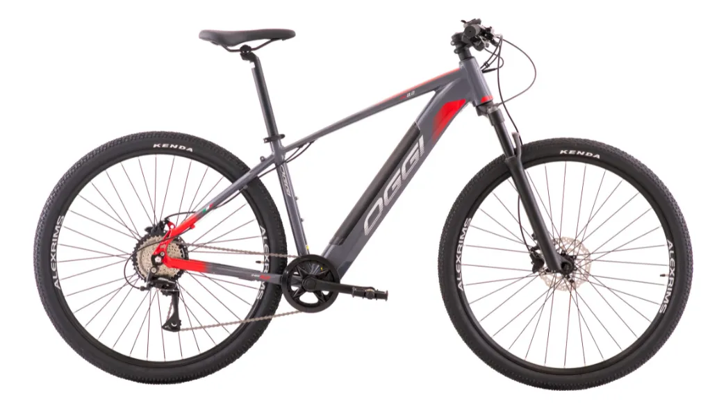 Bicicleta elétrica Oggi Big Wheel 8.0 tamanho M quadro 17 aro 29 cor cinza e vermelho — vista lateral completa