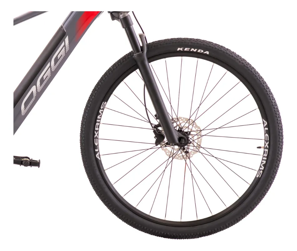 Vista do aro 29 Alexrims e pneu Kenda da Oggi Big Wheel 8.0 tamanho M com freio hidráulico Shimano