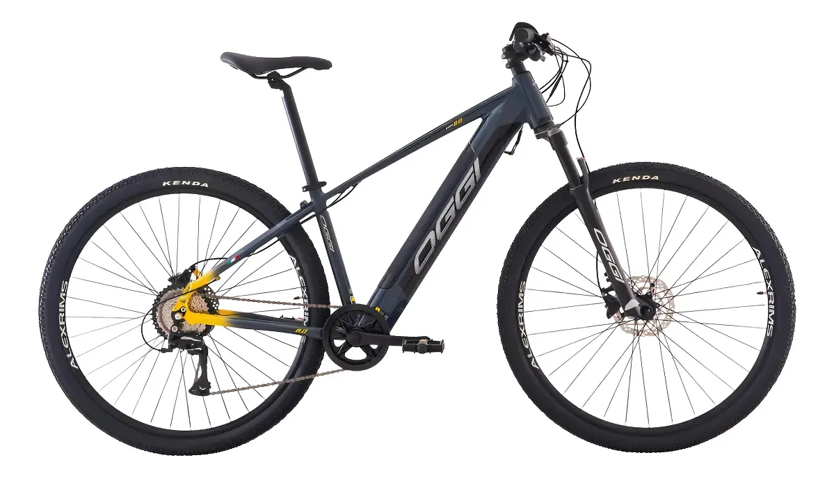 Oggi Big Wheel 8.0 amarela com acelerador — e-bike de entrada com freio hidráulico Shimano e bateria LG