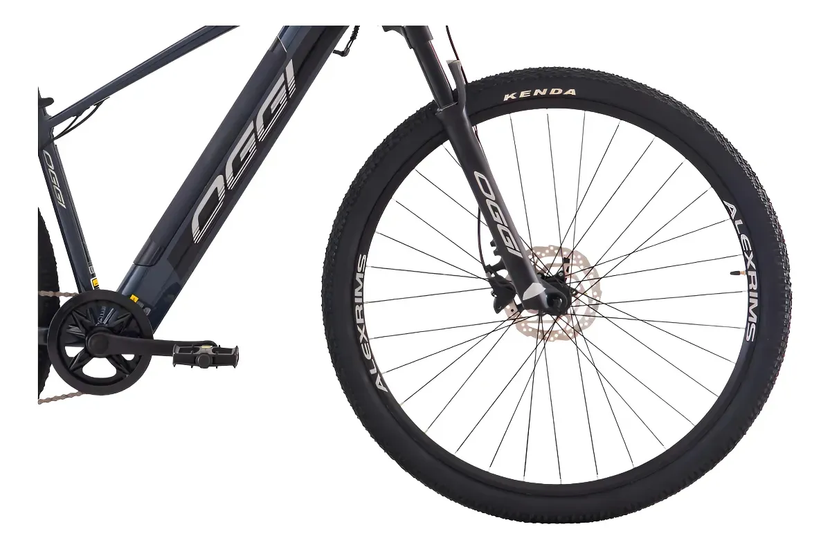 Oggi Big Wheel 8.0 com acelerador amarela — detalhe do guidão Shimano 8v e sistema elétrico