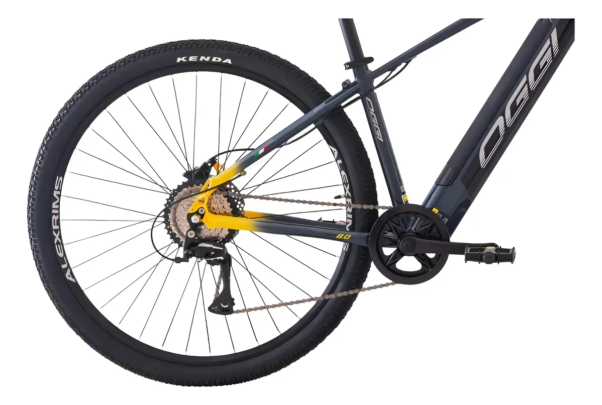 Detalhe dos freios hidráulicos Shimano MT200 com rotor 160mm na Oggi Big Wheel 8.0 com acelerador