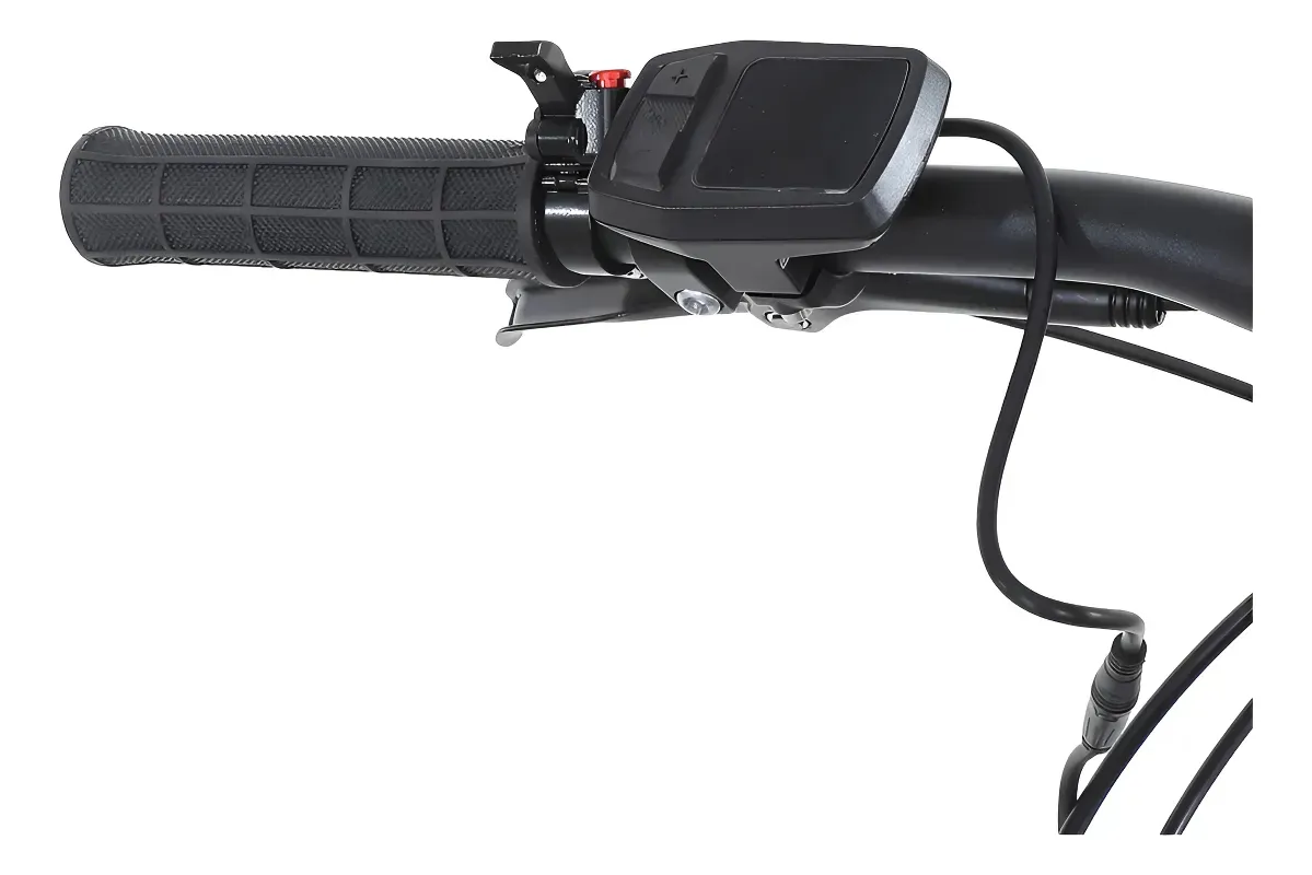 Oggi Big Wheel 8.0 com acelerador amarela — vista traseira com motor hub Shimano e câmbio Acera 8v