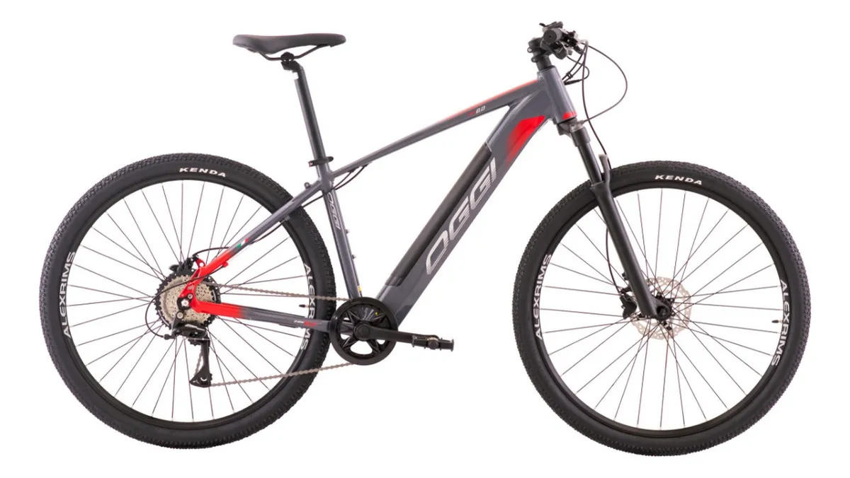 Bicicleta elétrica Oggi Big Wheel 8.0 aro 29 8v cor cinza e vermelho — vista lateral completa