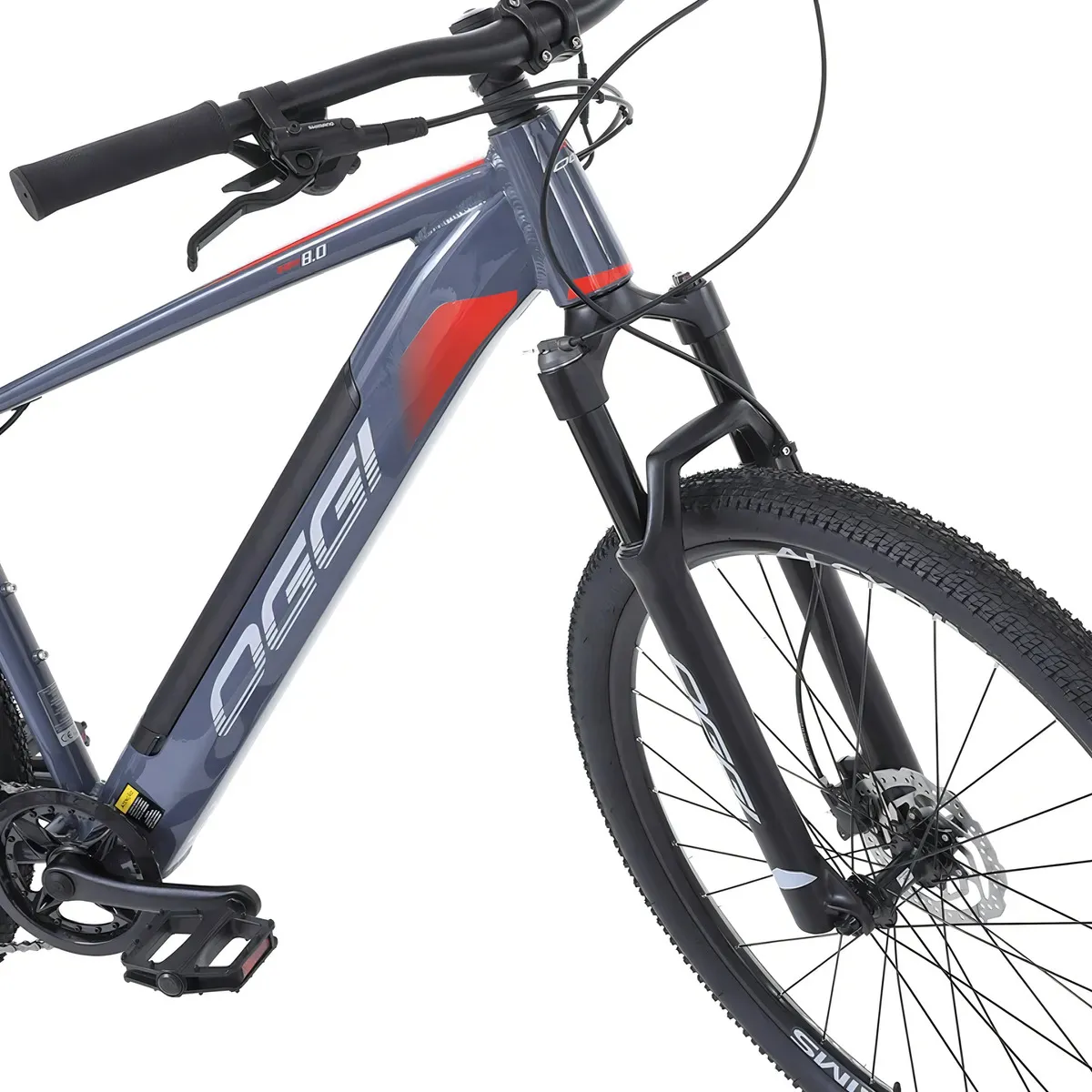 Detalhe do quadro alumínio da Oggi Big Wheel 8.0 com bateria integrada ao tubo inferior removível