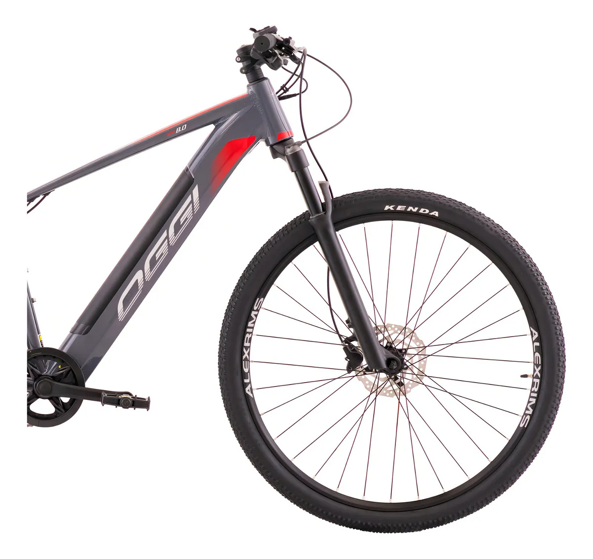 Guidão da Oggi Big Wheel 8.0 com ciclocomputador LED, alavanca Shimano SL-M315 e acelerador de polegar