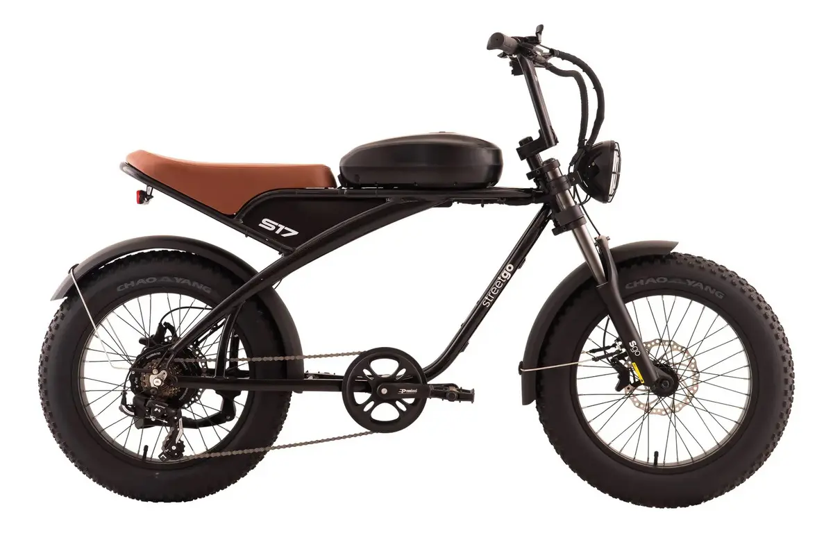 Bicicleta elétrica Oggi StreetGo S17 750W aro 20 fat bike pneus 20x4.0 cor preta — vista lateral completa