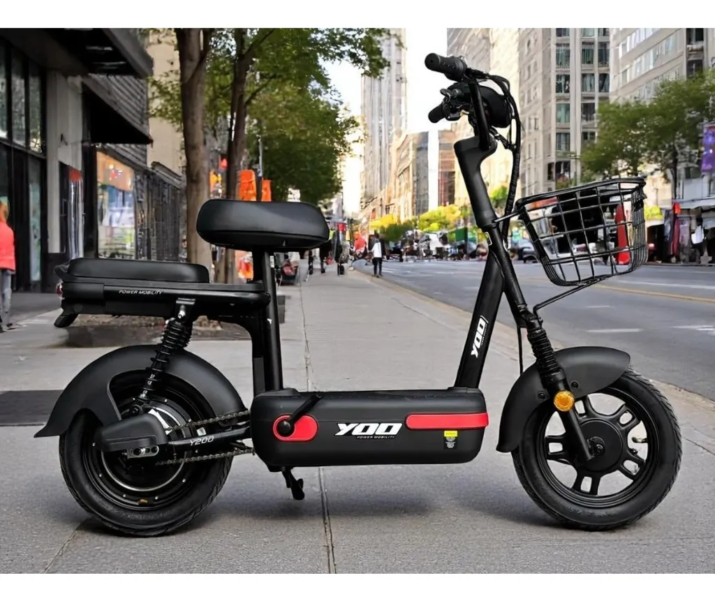 Yoo Mobility Y200 detalhe do painel de controle, acelerador rotativo e guidão — veículo elétrico urbano aro 14