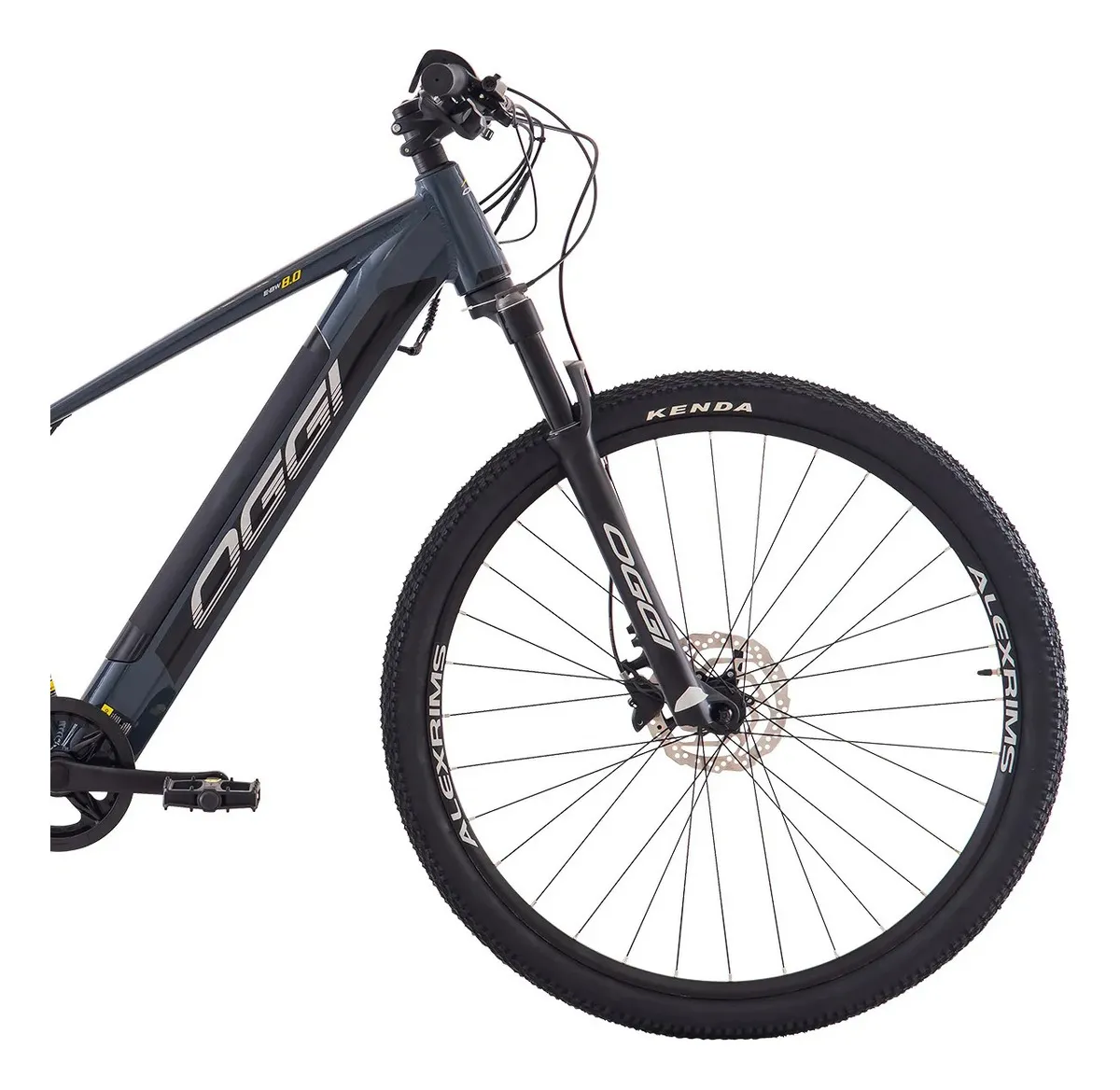 Oggi Big Wheel 8.0 cinza amarelo preto Acera 8v 2024 — vista frontal com suspensão MTB 100mm e freio hidráulico Shimano MT200
