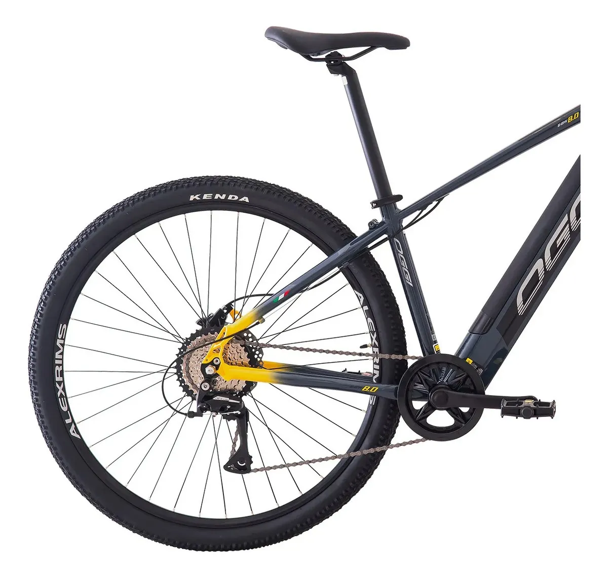 Oggi Big Wheel 8.0 Acera 8v cinza amarelo preto tamanho M — vista traseira com câmbio Shimano Acera e motor hub 250W